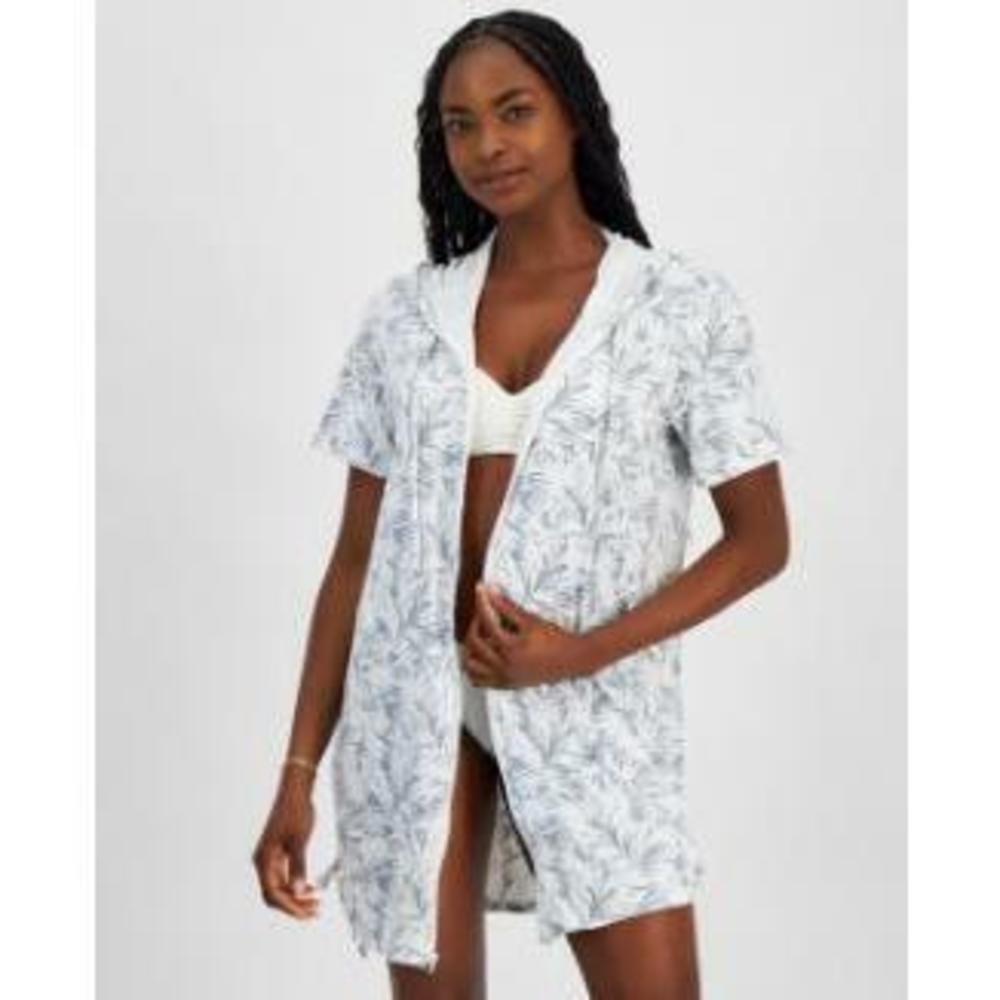 J Valdi Hooded Zip-Front Side-Shirred Swim Cover-Up Gray White S